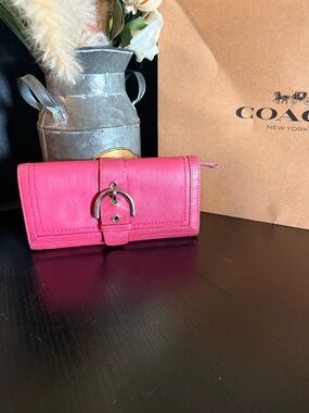 Coach Hot Pink Leather Continental Wallet with Silver-Tone Buckle